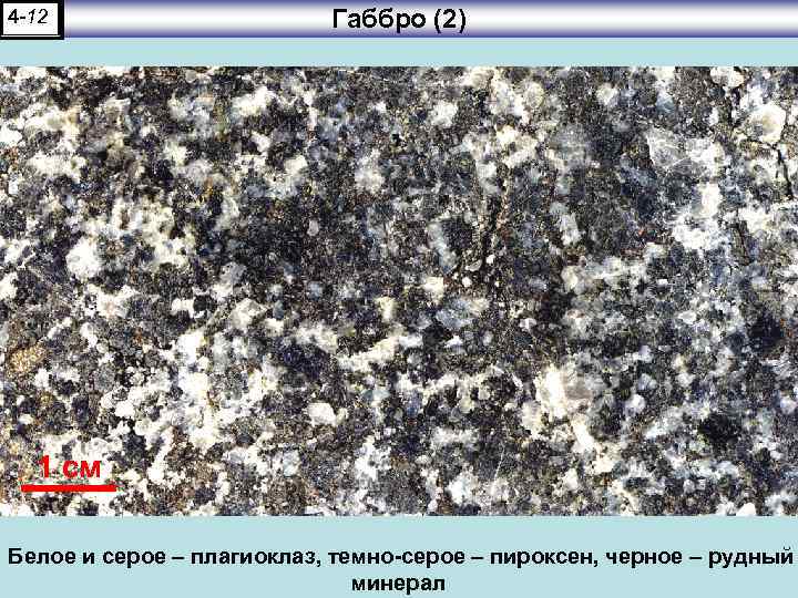 4 -12 Габбро (2) 1 см Белое и серое – плагиоклаз, темно-серое – пироксен,