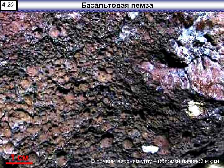 4 -20 1 см Базальтовая пемза В правом верхнем углу – обломки лавовой корки