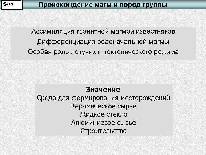 5 -11 Происхождение магм и пород группы Ассимиляция гранитной магмой известняков Дифференциация родоначальной магмы
