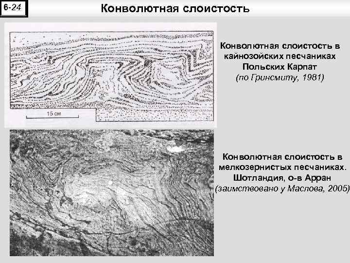 6 -24 Конволютная слоистость в кайнозойских песчаниках Польских Карпат (по Гринсмиту, 1981) Конволютная слоистость