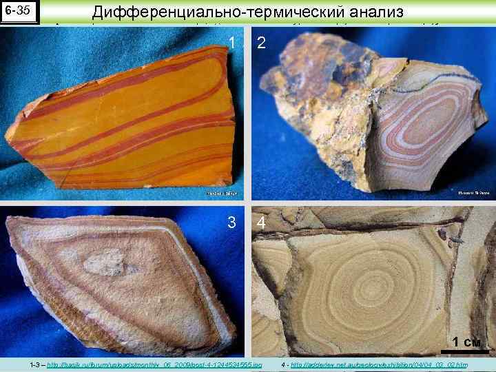 6 -35 Кольца Лизеганга Дифференциально-термический анализ (4)] [в алевролитах Монголии (1, 2); песчаниках Бурятии
