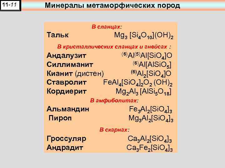 11 -11 Минералы метаморфических пород В сланцах: Тальк Mg 3 [Si 4 O 10](OH)2