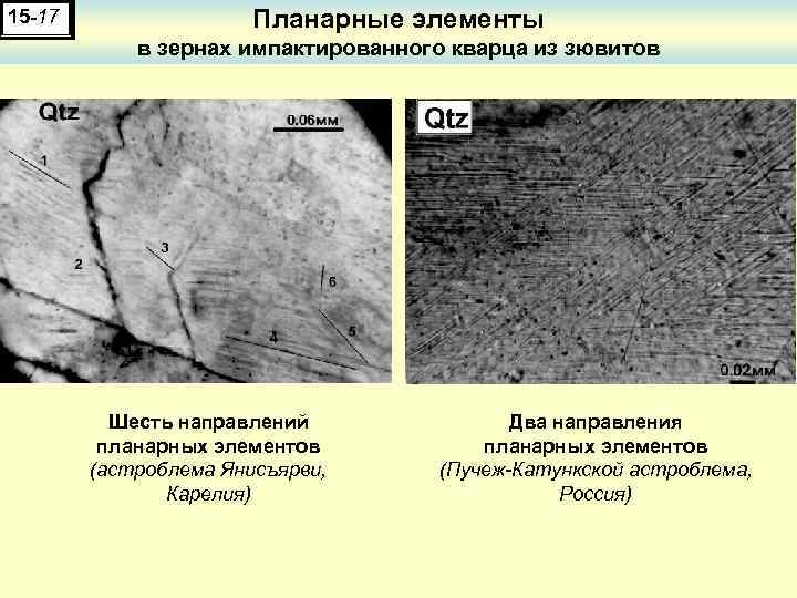 15 -17 Планарные элементы в зернах импактированного кварца из зювитов Шесть направлений планарных элементов