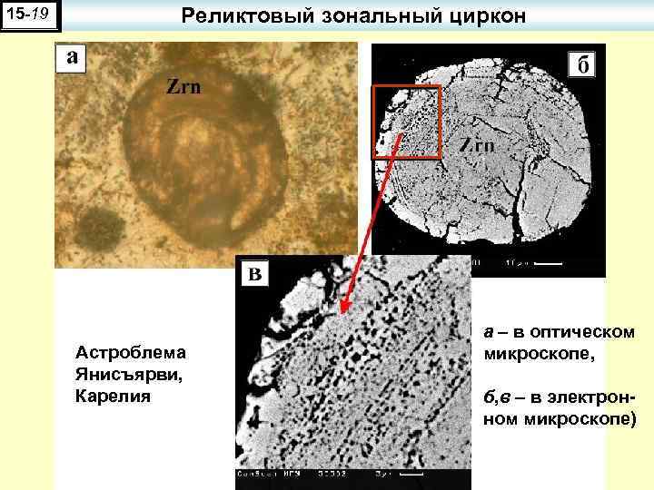 15 -19 Реликтовый зональный циркон Астроблема Янисъярви, Карелия а – в оптическом микроскопе, б,