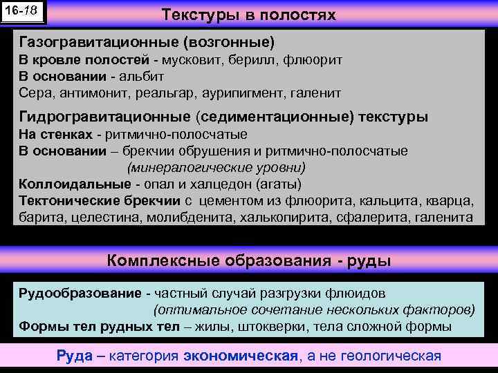 16 -18 Текстуры в полостях Газогравитационные (возгонные) В кровле полостей - мусковит, берилл, флюорит