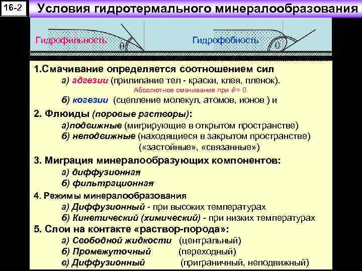 16 -2 Условия гидротермального минералообразования Гидрофильность Гидрофобность 1. Смачивание определяется соотношением сил а) адгезии