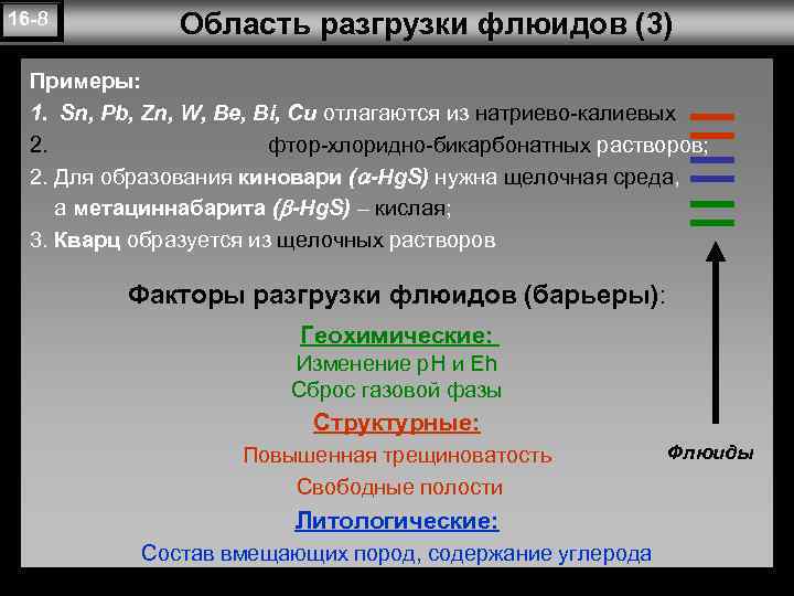 16 -8 Область разгрузки флюидов (3) Примеры: 1. Sn, Pb, Zn, W, Be, Bi,