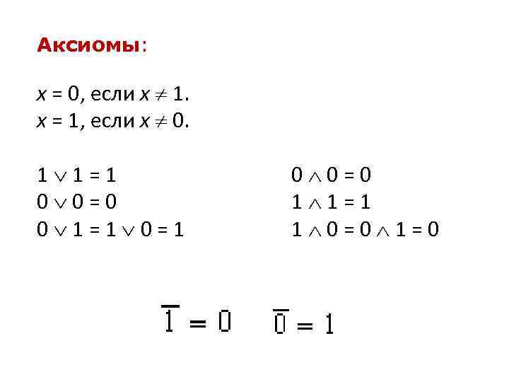 Аксиомы: x = 0, если x 1. x = 1, если x 0. 1