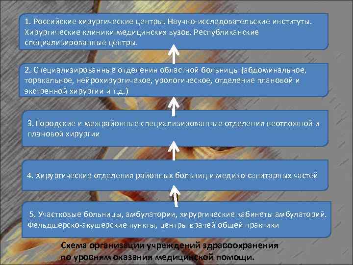 1. Российские хирургические центры. Научно-исследовательские институты. Хирургические клиники медицинских вузов. Республиканские специализированные центры. 2.