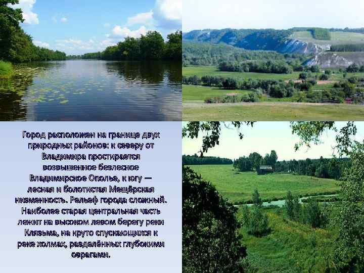 Город расположен на границе двух природных районов: к северу от Владимира простирается возвышенное безлесное