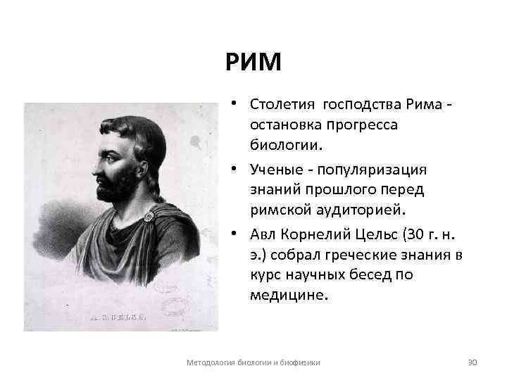 РИМ • Столетия господства Рима остановка прогресса биологии. • Ученые - популяризация знаний прошлого