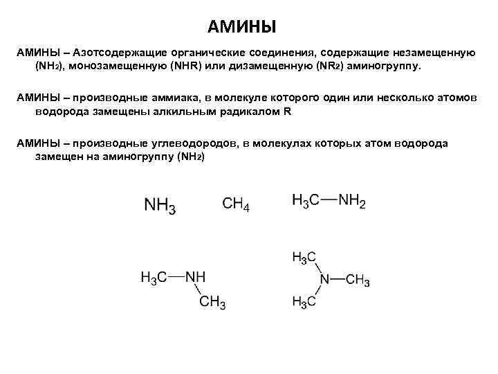 АМИНЫ – Азотсодержащие органические соединения, содержащие незамещенную (NH 2), монозамещенную (NHR) или дизамещенную (NR