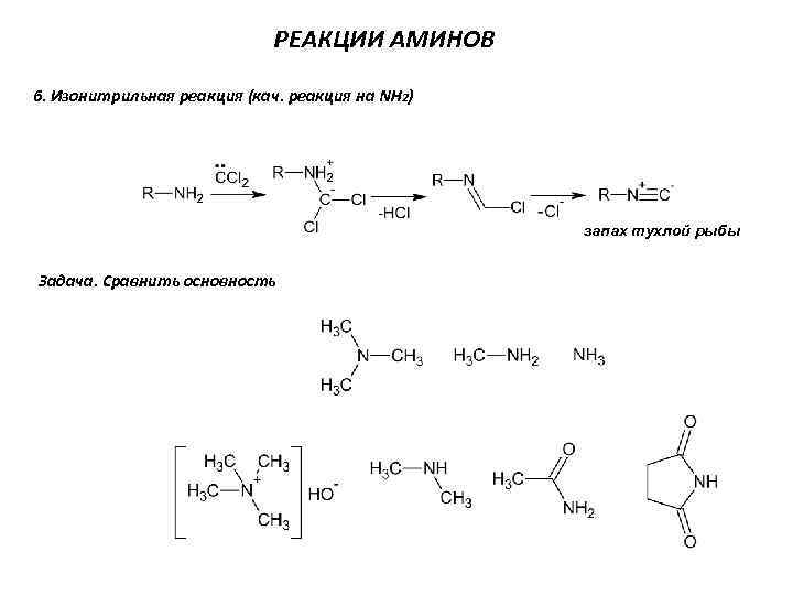 РЕАКЦИИ АМИНОВ 6. Изонитрильная реакция (кач. реакция на NH 2) запах тухлой рыбы Задача.