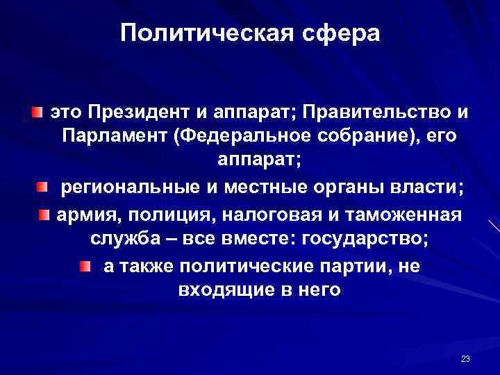 Политическая сфера это Президент и аппарат; Правительство и Парламент (Федеральное собрание), его аппарат; региональные