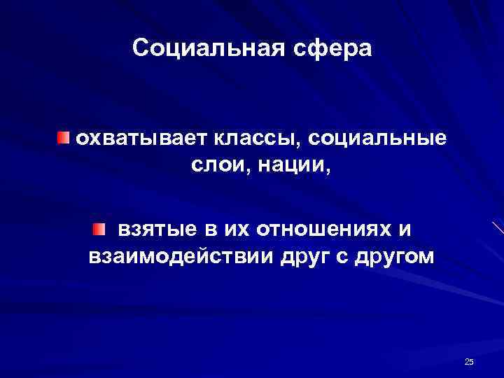 Cоциальная сфера охватывает классы, социальные слои, нации, взятые в их отношениях и взаимодействии друг