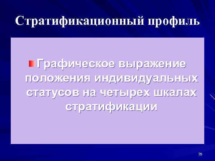 Стратификационный профиль Графическое выражение положения индивидуальных статусов на четырех шкалах стратификации 35 