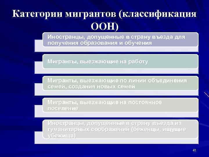 Категории мигрантов (классификация ООН) Иностранцы, допущенные в страну въезда для получения образования и обучения