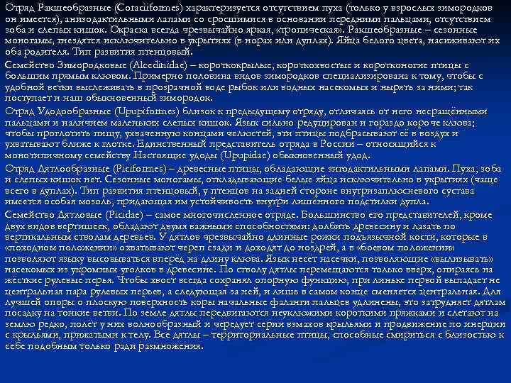 Отряд Ракшеобразные (Coraciiformes) характеризуется отсутствием пуха (только у взрослых зимородков он имеется), анизодактильными лапами