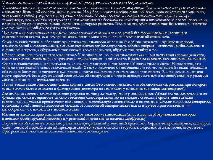 У однопроходных правый яичник и правый яйцевод развиты гораздо слабее, чем левые. У млекопитающих