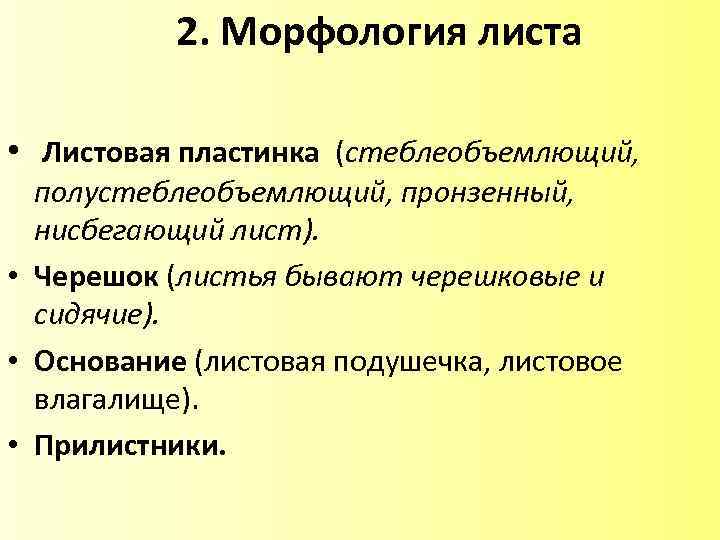  2. Морфология листа • Листовая пластинка (стеблеобъемлющий, полустеблеобъемлющий, пронзенный, нисбегающий лист). • Черешок