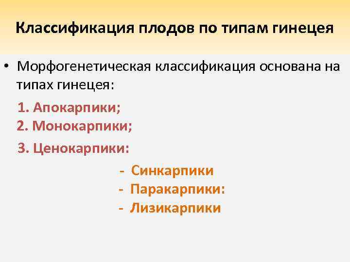 Классификация плодов по типам гинецея • Морфогенетическая классификация основана на типах гинецея: 1. Апокарпики;