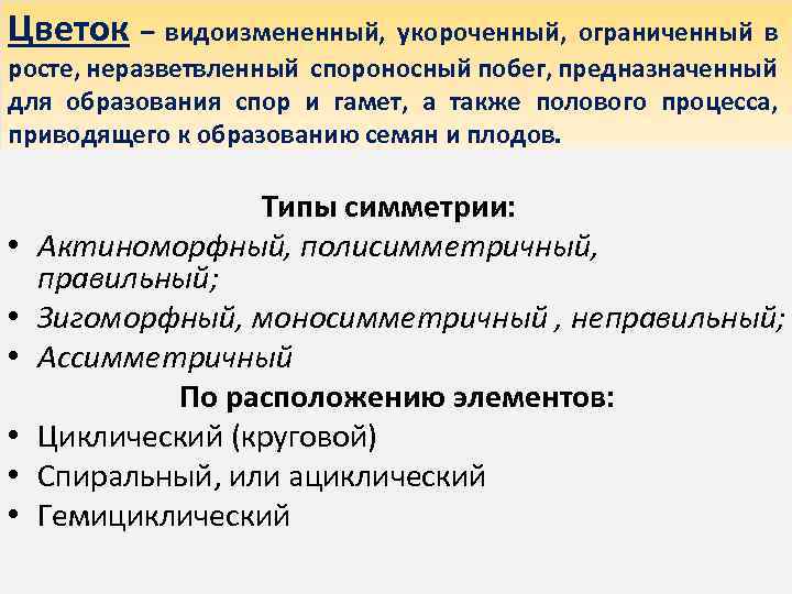 Цветок – видоизмененный, укороченный, ограниченный в росте, неразветвленный спороносный побег, предназначенный для образования спор