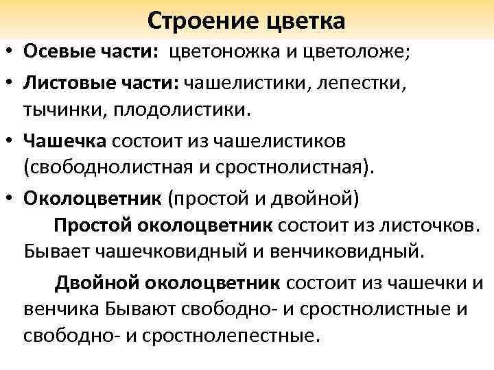 Строение цветка • Осевые части: цветоножка и цветоложе; • Листовые части: чашелистики, лепестки, тычинки,