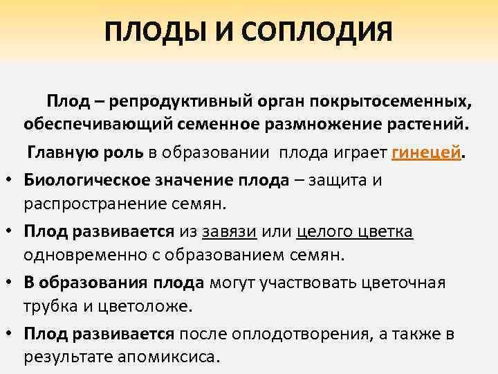 ПЛОДЫ И СОПЛОДИЯ Плод – репродуктивный орган покрытосеменных, обеспечивающий семенное размножение растений. Главную роль