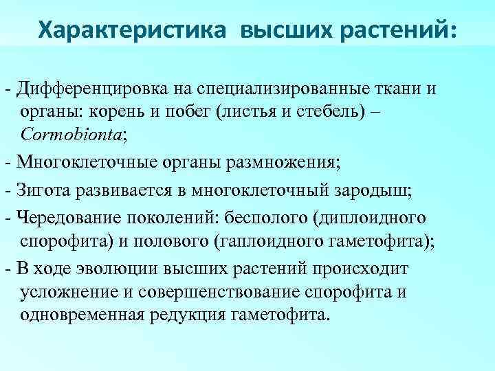 Характеристика высших растений: - Дифференцировка на специализированные ткани и органы: корень и побег (листья