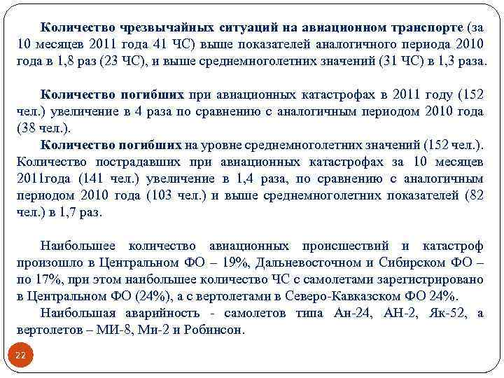 Количество чрезвычайных ситуаций на авиационном транспорте (за 10 месяцев 2011 года 41 ЧС) выше