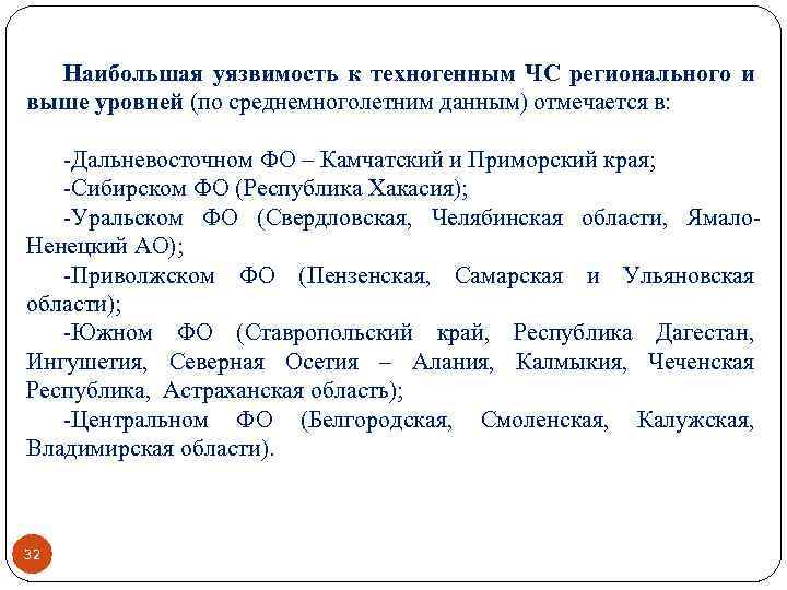 Наибольшая уязвимость к техногенным ЧС регионального и выше уровней (по среднемноголетним данным) отмечается в: