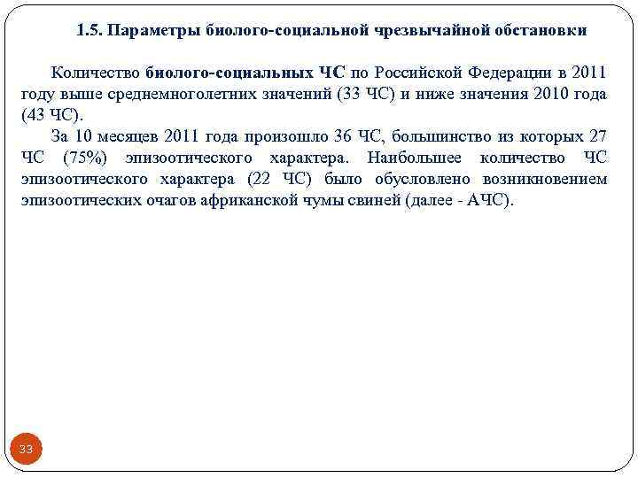 1. 5. Параметры биолого-социальной чрезвычайной обстановки Количество биолого-социальных ЧС по Российской Федерации в 2011