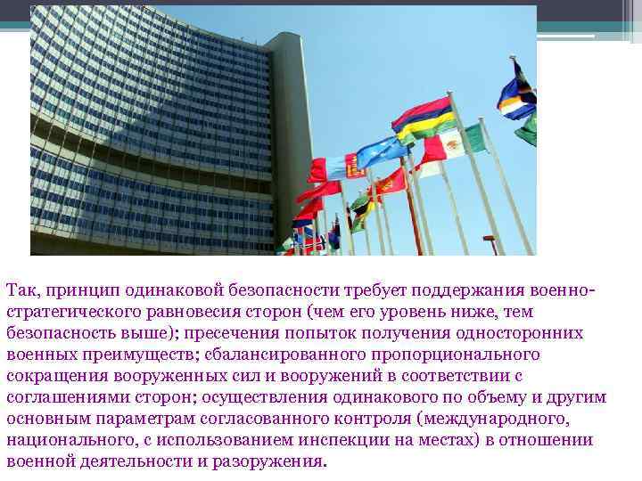 Так, принцип одинаковой безопасности требует поддержания военностратегического равновесия сторон (чем его уровень ниже, тем