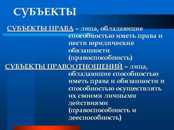 СУБЪЕКТЫ ПРАВА – лица, обладающие способностью иметь права и нести юридические обязанности (правоспособность) СУБЪЕКТЫ