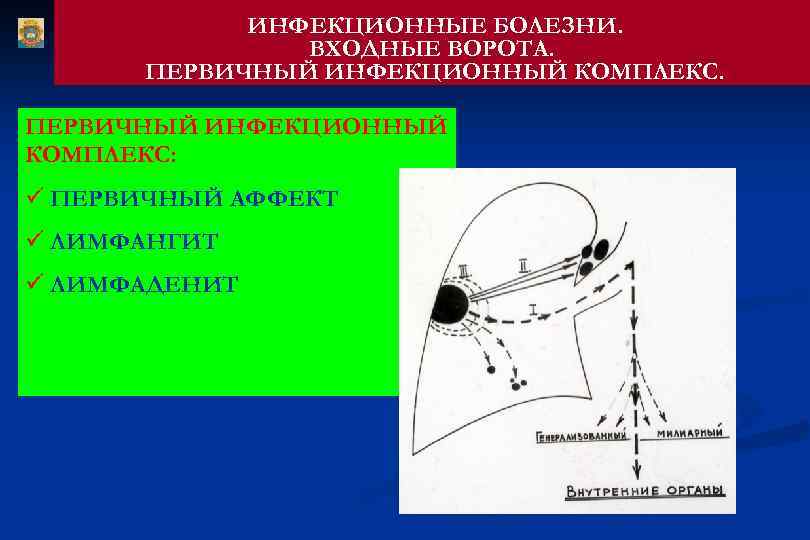 ИНФЕКЦИОННЫЕ БОЛЕЗНИ. ВХОДНЫЕ ВОРОТА. ПЕРВИЧНЫЙ ИНФЕКЦИОННЫЙ КОМПЛЕКС: ü ПЕРВИЧНЫЙ АФФЕКТ ü ЛИМФАНГИТ ü ЛИМФАДЕНИТ