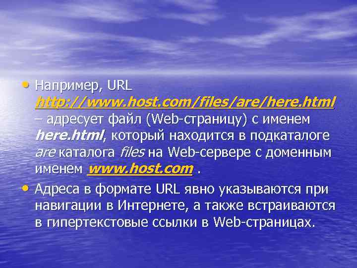  • Например, URL http: //www. host. com/files/are/here. html • – адресует файл (Web-страницу)