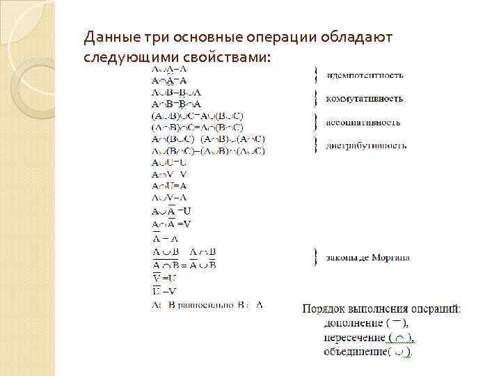 Данные три основные операции обладают следующими свойствами: 