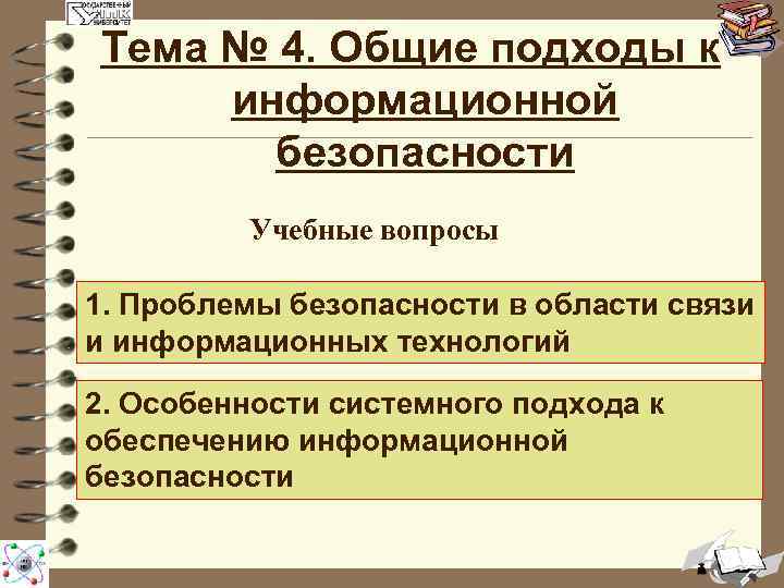 Тема № 4. Общие подходы к информационной безопасности Учебные вопросы 1. Проблемы безопасности в