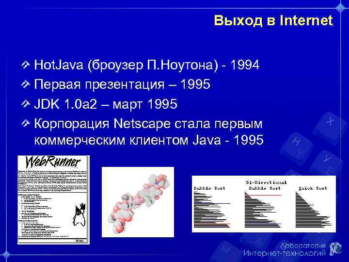 Выход в Internet Hot. Java (броузер П. Ноутона) - 1994 Первая презентация – 1995