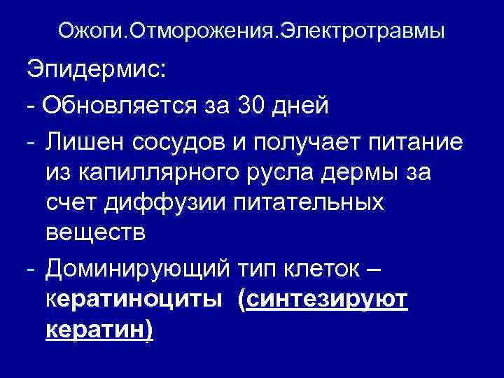 Ожоги. Отморожения. Электротравмы Эпидермис: - Обновляется за 30 дней - Лишен сосудов и получает