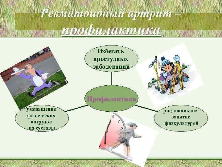 Ревматоидный артрит – профилактика Избегать простудных заболеваний Профилактика уменьшение физических нагрузок на суставы рациональное