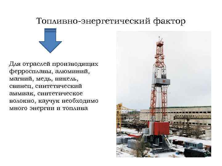 Топливно-энергетический фактор Для отраслей производящих ферросплавы, алюминий, магний, медь, никель, свинец, синтетический аммиак, синтетическое
