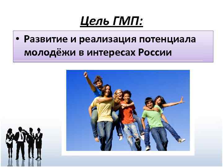 Цель ГМП: • Развитие и реализация потенциала молодёжи в интересах России 