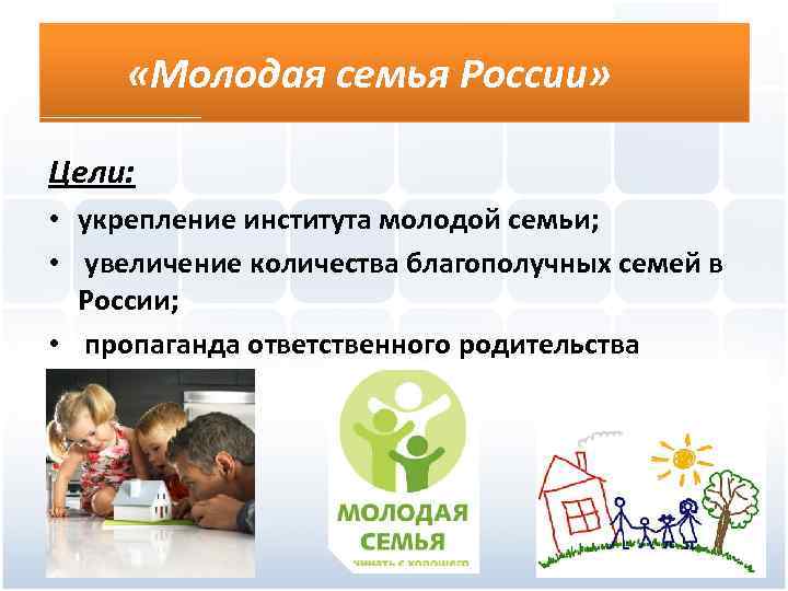  «Молодая семья России» Цели: • укрепление института молодой семьи; • увеличение количества благополучных