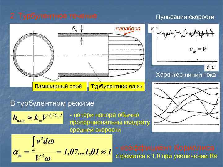 2. Турбулентное течение δл Пульсация скорости парабола v t, c Характер линий тока Ламинарный