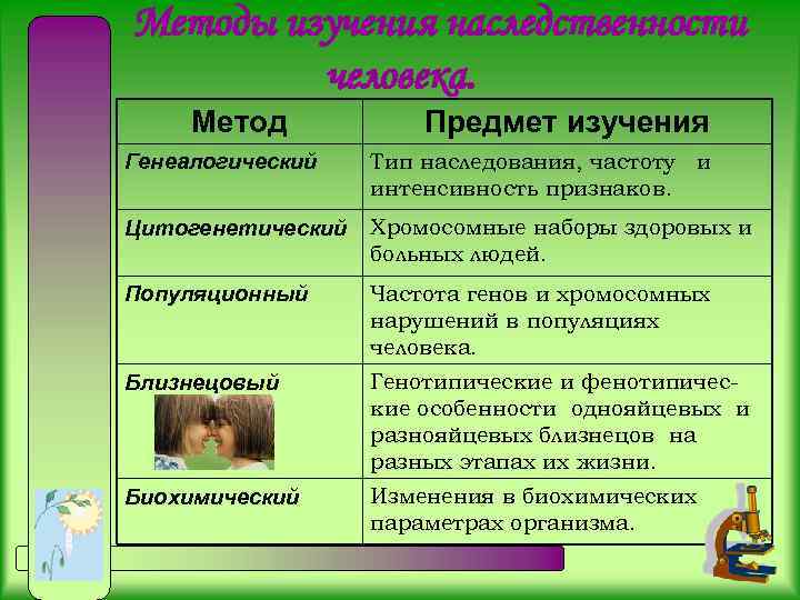 Методы изучения наследственности человека. Метод Предмет изучения Генеалогический Тип наследования, частоту и интенсивность признаков.