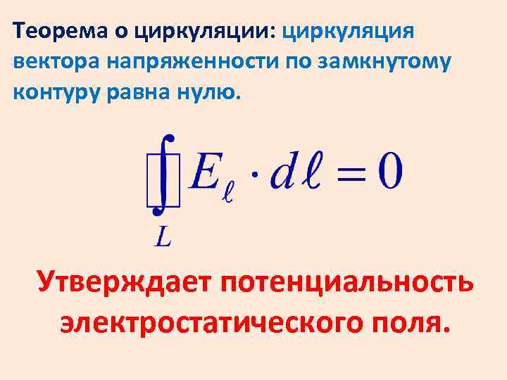 Теорема о циркуляции: циркуляция вектора напряженности по замкнутому контуру равна нулю. Утверждает потенциальность электростатического