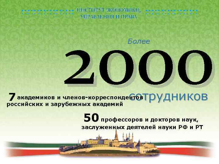 2000 Более сотрудников 7 академиков и членов-корреспондентов российских и зарубежных академий 50 профессоров и