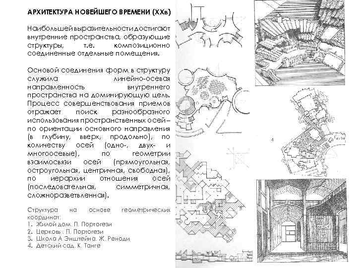 АРХИТЕКТУРА НОВЕЙШЕГО ВРЕМЕНИ (XXв) Наибольшей выразительности достигают внутренние пространства, образующие структуры, т. е. композиционно