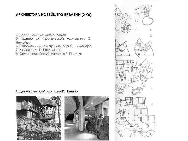 АРХИТЕКТУРА НОВЕЙШЕГО ВРЕМЕНИ (XXв) 4. Дворец «Финляндия» А. Аалто 5. Здание ЦК Французской компартии.